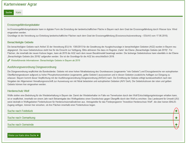 Der Einstieg in den Kartenviewer Agrar erfolgt über das Register "Suche".